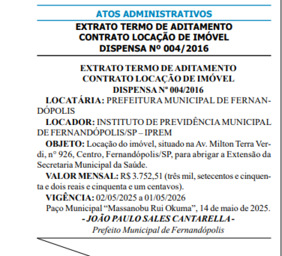Prefeitura de Fernandópolis-SP renova contrato de aluguel com o IPREM para uso da Secretaria de Saúde